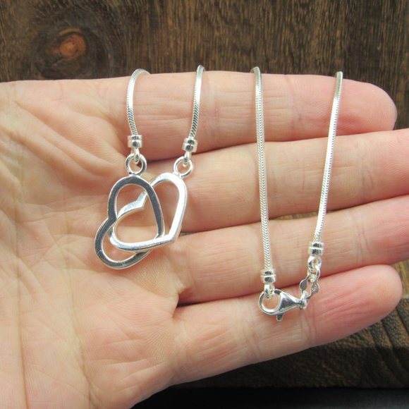 14" Sterling Silver Double Locking Hearts Necklace Vintage - Picture 2 of 6